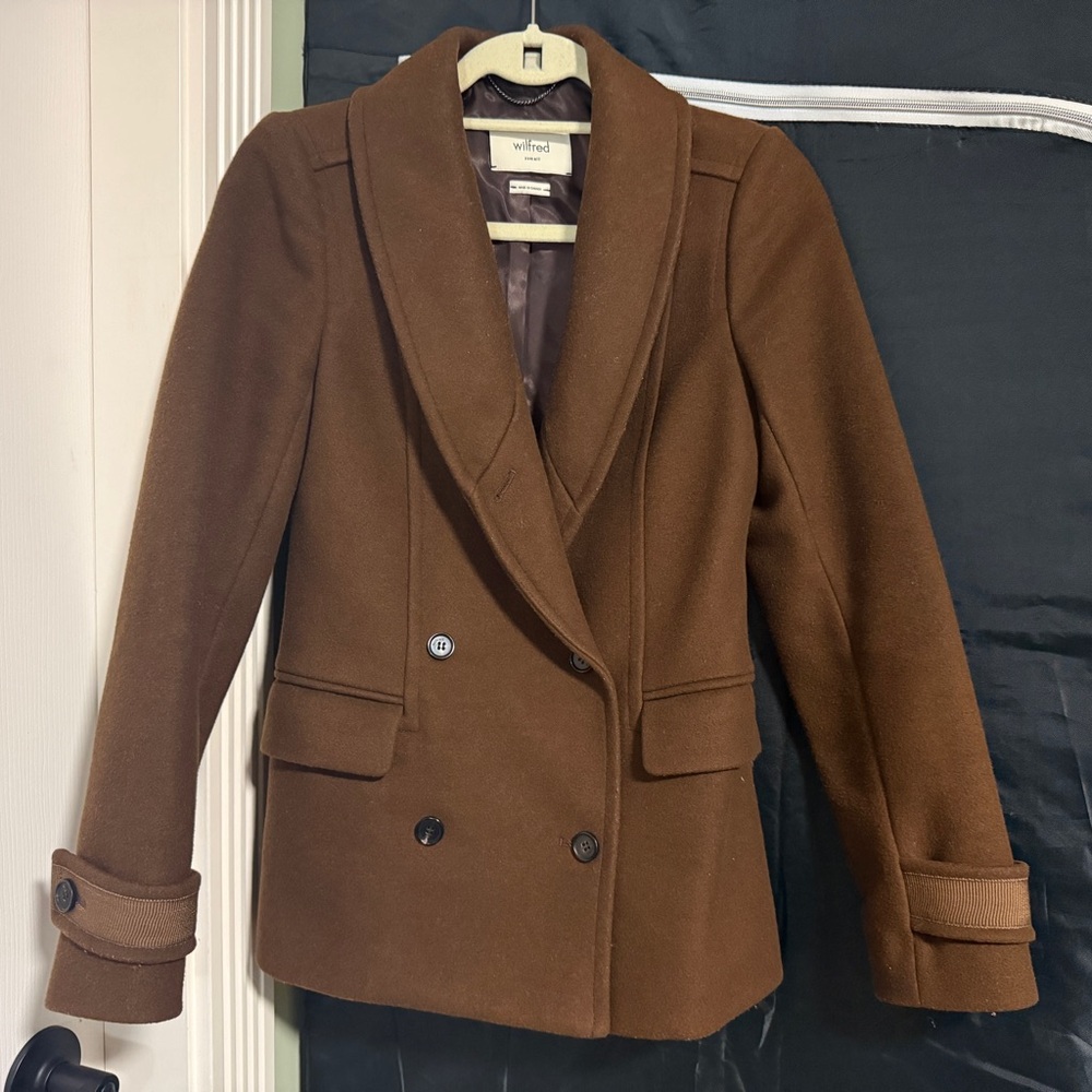 Aritzia Wilfred Chestnut Brown Double-Breasted Wool Peacoat